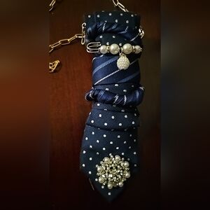 Navy Polka Dot Tie with Pearl & Crystal Brooch